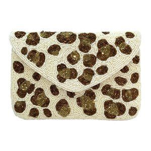 NEW Gold Brown Leopard Animal Print Cheetah Glass Beaded Crossbody Clutch Bag